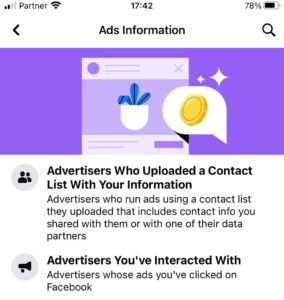 פייסבוק המידע שלי לשונית Ads Information